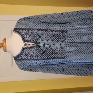 Vintage Boho Embroidered Peasant Style Polyester LS Dress with Full Slip Lining